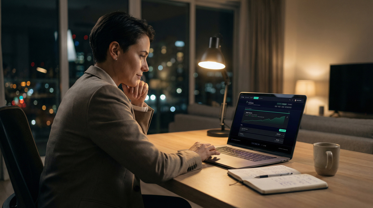 Person working calmly at a modern desk with soft lighting
